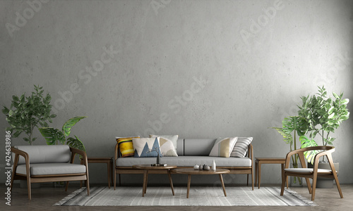 Fototapeta Naklejka Na Ścianę i Meble -  Cozy mock up interior design and living room and empty concrete wall background texture, 3D rendering