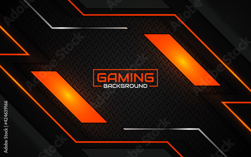 Abstract futuristic geometric black and orange gaming background with modern esport shapes. Vector design template technology concept can use element game banner, sport poster, cyber wallpaper, web
