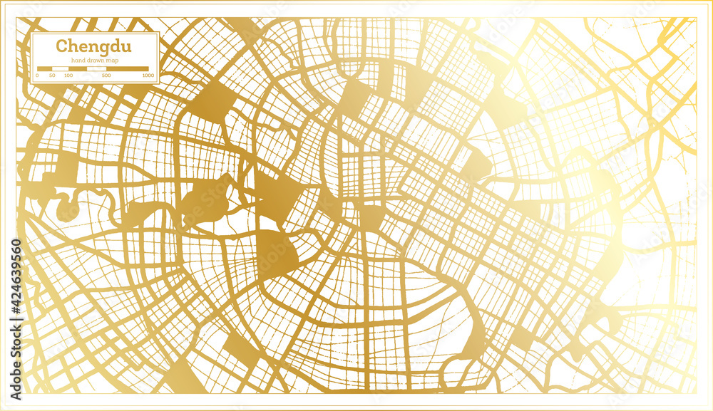Chengdu China City Map in Retro Style in Golden Color. Outline Map.