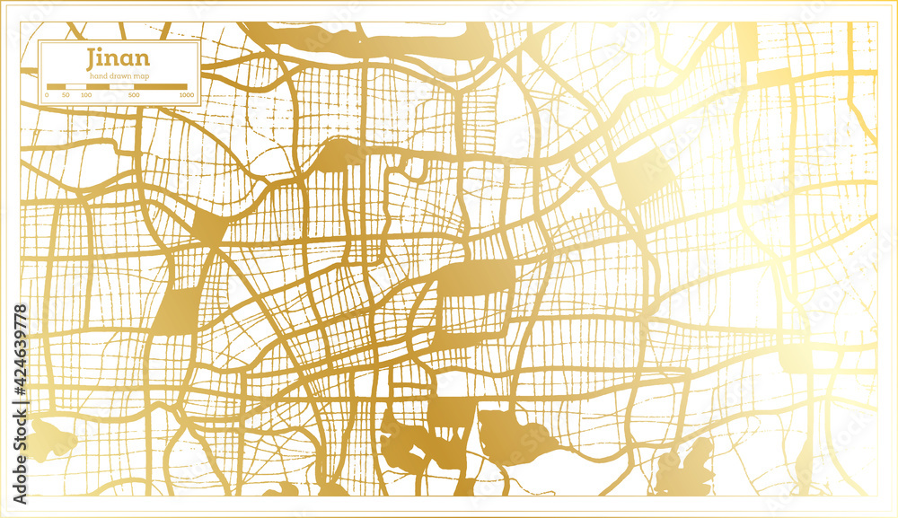 Jinan China City Map in Retro Style in Golden Color. Outline Map.