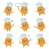 Set of cute potato chef cartoon characters with various activities.