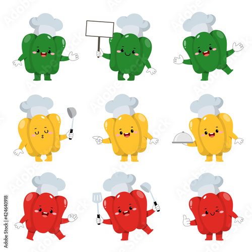 Set of cute bell pepper chef cartoon characters with various activities.