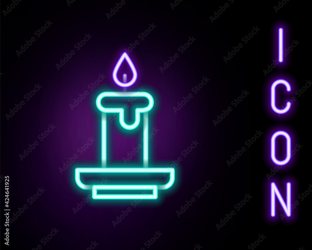 Glowing neon line Aroma candle icon isolated on black background. Colorful outline concept. Vector Glowing neon line Aroma candle icon isolated on black background. Colorful outline concept. Vector