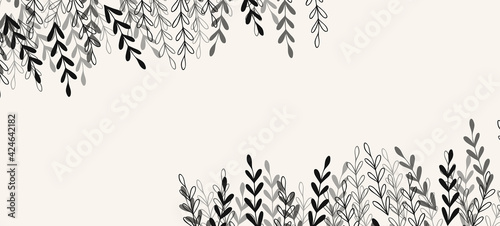 Floral web banner with drawn grey exotic leaves. Nature concept design. Modern floral compositions with summer branches. Vector illustration on the theme of ecology, natura, environment