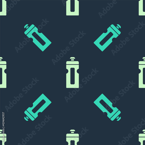 Green and beige Fitness shaker icon isolated seamless pattern on blue background. Sports shaker bottle with lid for water and protein cocktails. Vector