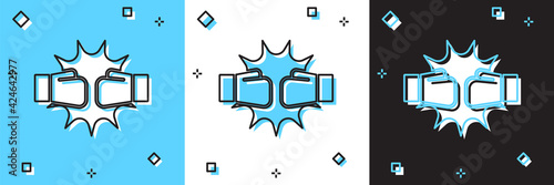 Set Punch in boxing gloves icon isolated on blue and white, black background. Boxing gloves hitting together with explosive. Vector