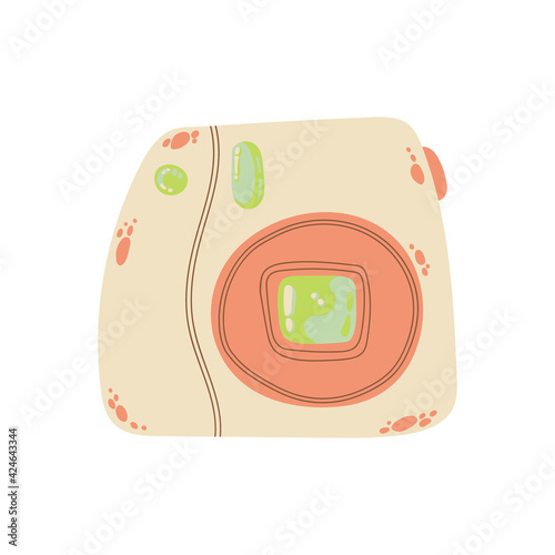 Cute instant photo camera icon in cartoon flat design. Instant camera with battery grip clip art in doodle style. Vector illustration isolated on white background.
