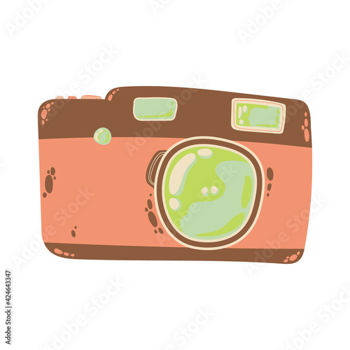Cute compact photo camera icon in cartoon flat design. Digital camera with battery grip clip art in doodle style. Vector illustration isolated on white background.
