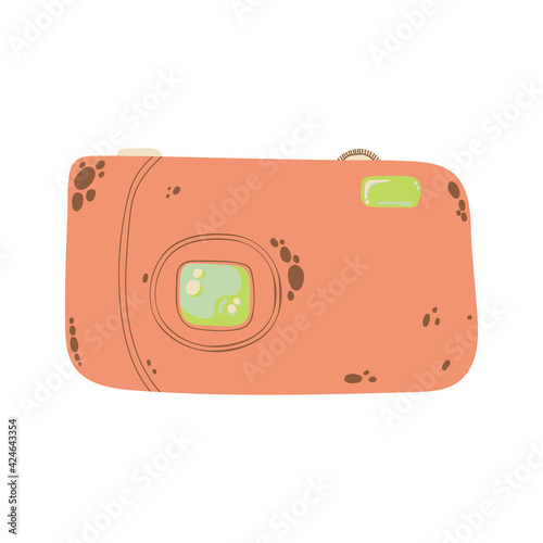Cute compact photo camera icon in cartoon flat design. Digital camera with battery grip clip art in doodle style. Vector illustration isolated on white background.