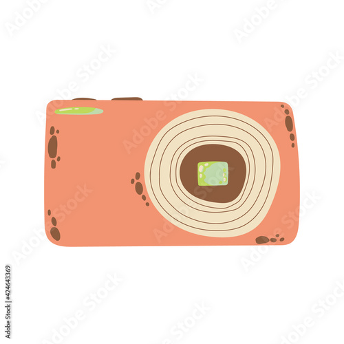 Cute compact photo camera icon in cartoon flat design. Digital camera with battery grip clip art in doodle style. Vector illustration isolated on white background.