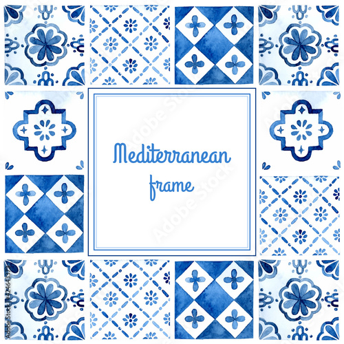Patchwork Mediterranean tiles watercolor frame azulejo