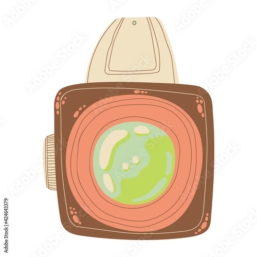 Cute retro photo camera icon in cartoon flat design. Old style camera with battery grip clip art in doodle style. Vector illustration isolated on white background.