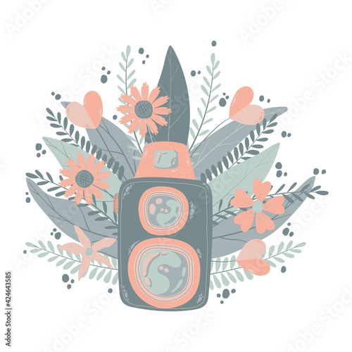 Cute colorful retro photo camera with fllowers in flat cartoon style. Vector hand drawn camera with floral illustration with pastels colors. Isolated on white background.