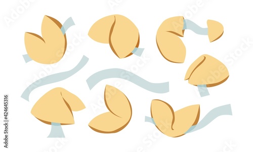 Set, Christmas Chinese fortune cookies. Good luck cookie with blank paper template. Food, dessert, luck theme design element. Colored vector illustration isolated on white background.