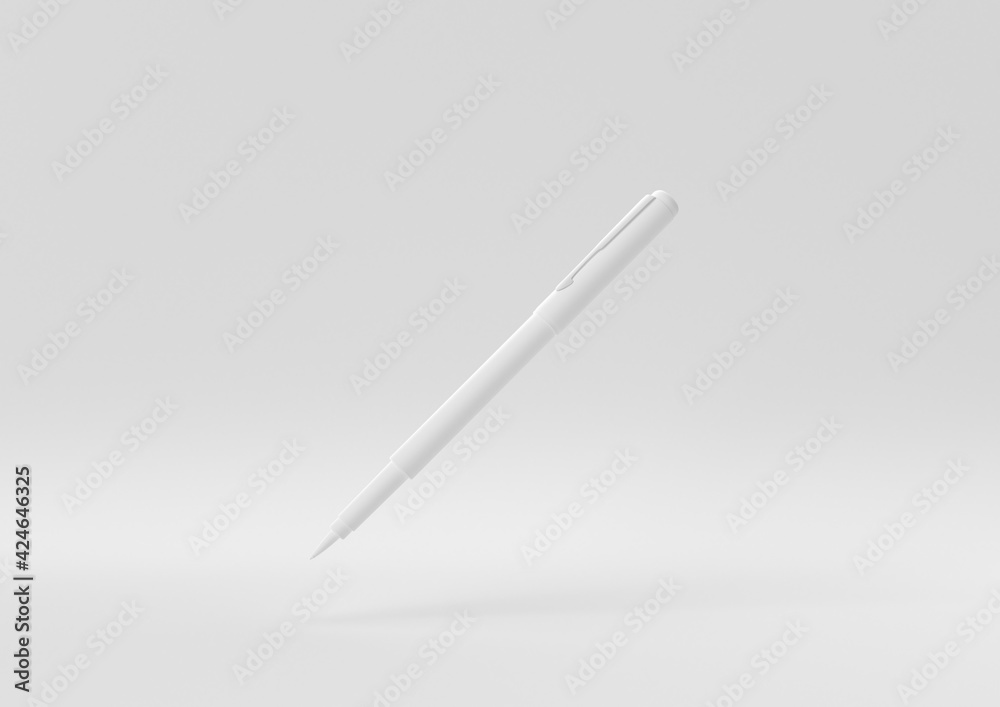 White Pen floating in white background. minimal concept idea creative. monochrome. 3D render. White Pen floating in white background. minimal concept idea creative. monochrome. 3D render.