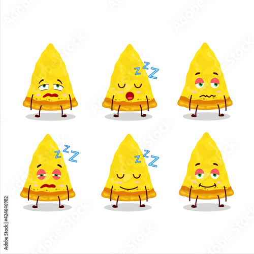 Cartoon character of slice of italian cheese pizza with sleepy expression