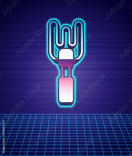 Retro style Garden rake icon isolated futuristic landscape background. Tool for horticulture, agriculture, farming. Ground cultivator. Housekeeping equipment. 80s fashion party. Vector