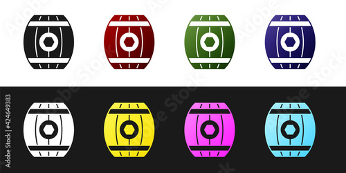 Set Wooden barrel with honey icon isolated on black and white background. Vector