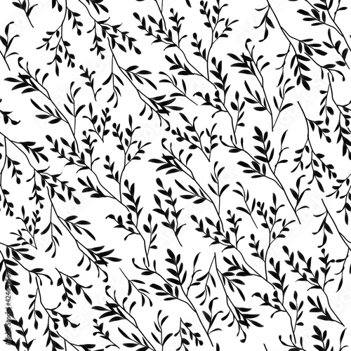 Seamless bitmap image of black branches with leaves on a white background, pattern. Design for wallpaper, fabrics, textiles. 