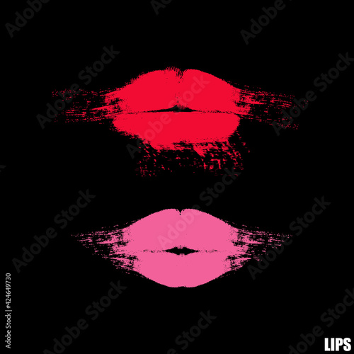 Lips kiss hand drawn logo icon Highly details lipstick smudge Sexy open mouth. Abstract design Sketch brush woman style Fashion print clothes apparel greeting invitation card cover flyer poster banner