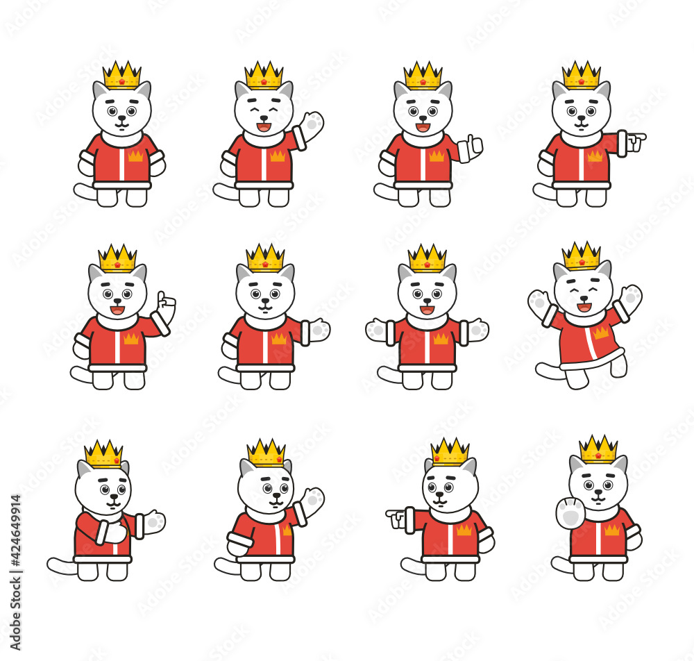 White cat king characters set showing various hand gestures. Modern vector illustration White cat king characters set showing various hand gestures. Modern vector illustration