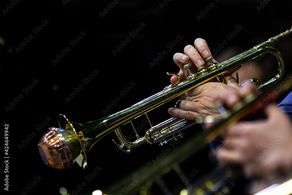 Obraz premium Hands of a musician playing the trumpet in the orchestra close up