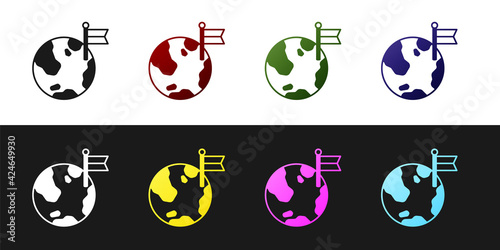 Set Planet with flag icon isolated on black and white background. Victory, winning and conquer adversity concept. Vector