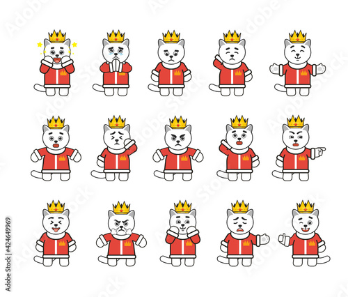 White cat king characters set showing various emotions, facial expressions. Modern vector illustration