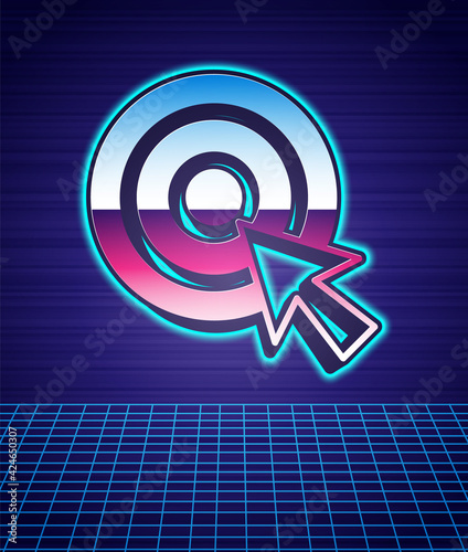 Retro style Target with arrow icon isolated futuristic landscape background. Dart board sign. Archery board icon. Dartboard sign. Business goal concept. 80s fashion party. Vector