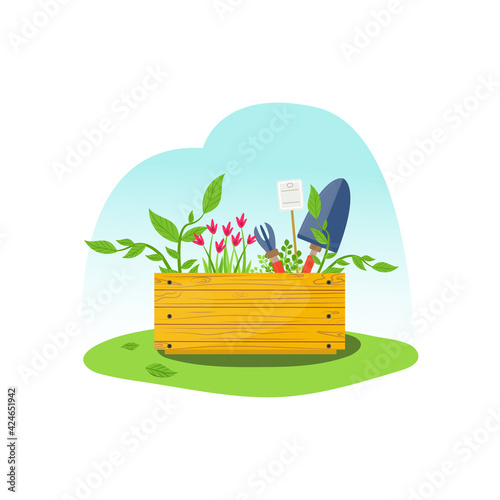 concept of a box of gardening tools on green grass. wooden box with spatula, ripper, flowers and climbing plant. gardening, transplanting, spring activity, country. flat vector illustration