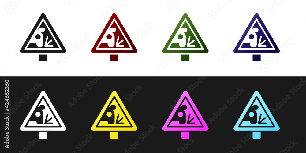 Set Warning road sign throwing stone materials icon isolated on black and white background. Traffic rules and safe driving. Vector Set Warning road sign throwing stone materials icon isolated on black and white background. Traffic rules and safe driving. Vector