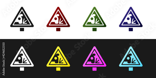 Set Warning road sign throwing stone materials icon isolated on black and white background. Traffic rules and safe driving. Vector Free Download Set Warning road sign throwing stone materials icon isolated on black and white background. Traffic rules and safe driving. Vector - GFXLoad
