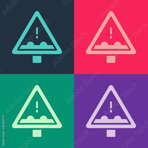 Pop art Uneven road ahead sign. Warning road icon isolated on color background. Traffic rules and safe driving. Vector