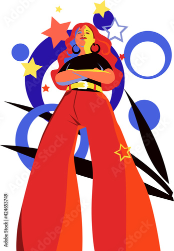 Confident teenage girl standing in a power pose, view from below EPS 8 modern colorful vector illustration