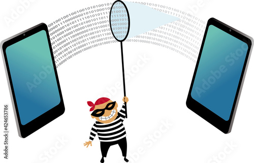 Hacker intercepting signal between two smartphones, EPS8 vector illustration