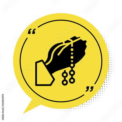 Black Hands in praying position with rosary icon isolated on white background. Praying hand islam muslim religion spirituality religious. Yellow speech bubble symbol. Vector