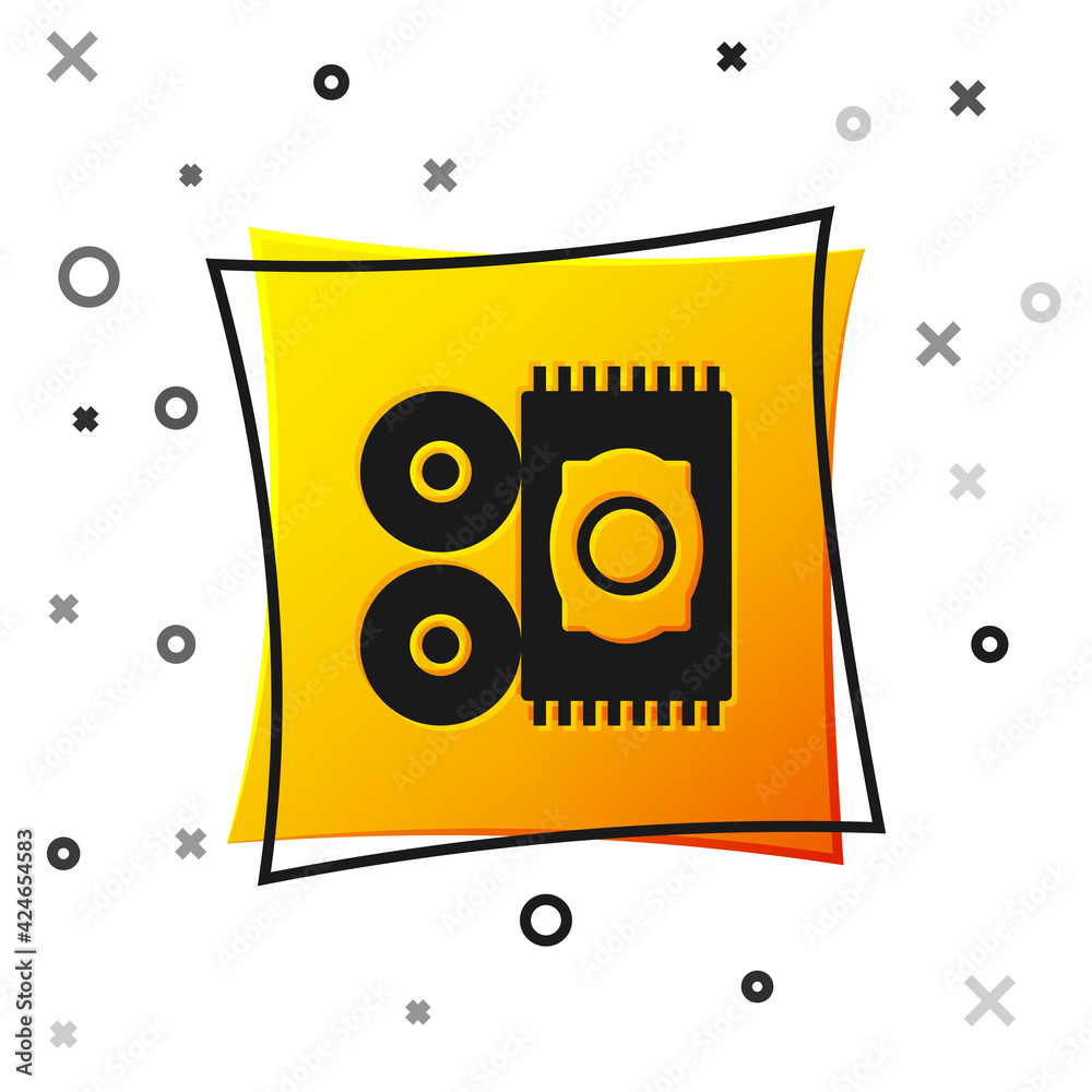 Black Traditional carpet culture ramadan arabic islamic celebration icon isolated on white background. Yellow square button. Vector Black Traditional carpet culture ramadan arabic islamic celebration icon isolated on white background. Yellow square button. Vector