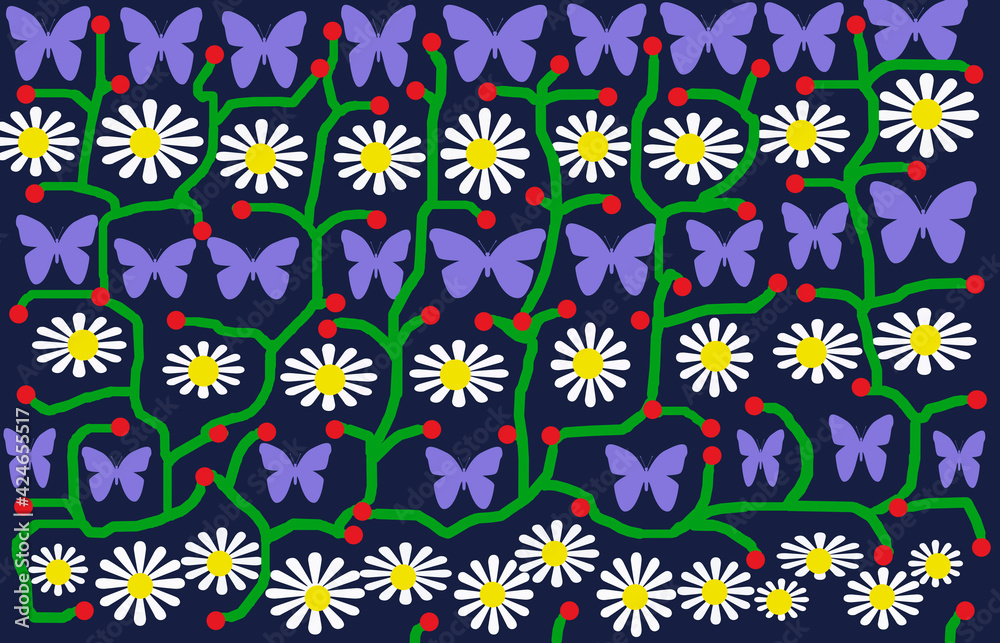On a dark blue background, an abstract ornament of chamomile flowers and lilac butterflies.
