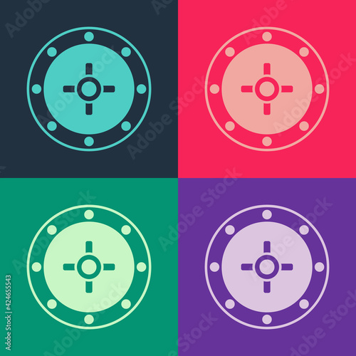 Pop art Safe icon isolated on color background. The door safe a bank vault with a combination lock. Reliable Data Protection. Vector