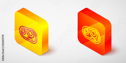 Isometric line Car headlight icon isolated on grey background. Yellow and orange square button. Vector