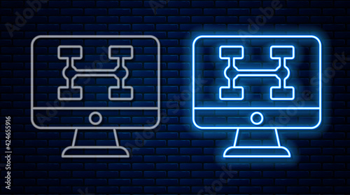 Glowing neon line Hardware diagnostics condition of car icon isolated on brick wall background. Car service and repair parts. Vector