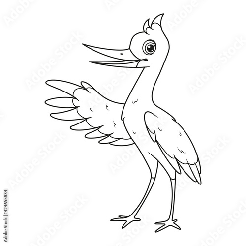 Cartoon stork coloring page. Black and white cartoon illustration