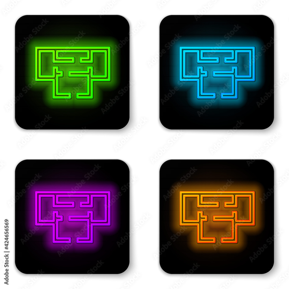 Glowing neon line House plan icon isolated on white background. Black square button. Vector Glowing neon line House plan icon isolated on white background. Black square button. Vector