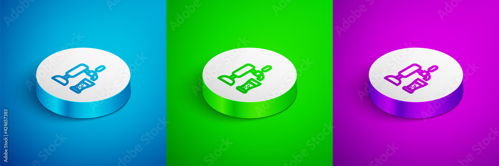 Isometric line Beer tap with glass icon isolated on blue,green and purple background. White circle button. Vector Isometric line Beer tap with glass icon isolated on blue,green and purple background. White circle button. Vector
