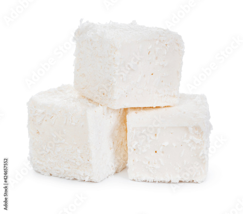 White Turkish delight with coconut shavings isolated on white