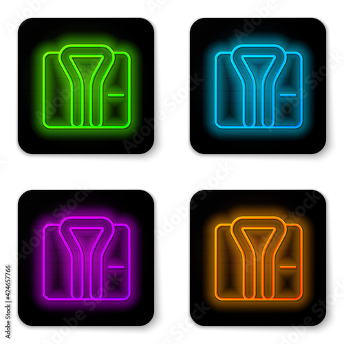 Glowing neon line Bathrobe icon isolated on white background. Black square button. Vector