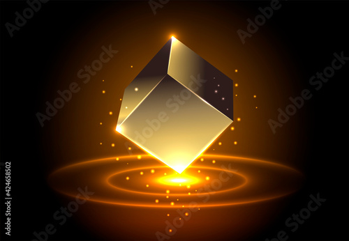Abstract design. Gold cube and glowing circles with dots on a dark background.
