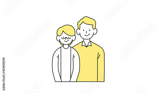 寄り添う笑顔の老夫婦の単色イラスト
