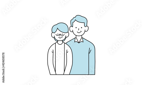 寄り添う笑顔の老夫婦の単色イラスト
