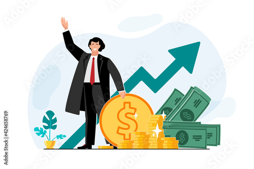 Successful businessman is welcomed, entrepreneur or investor, presenting a stack of money and growth chart. Businessman in suit standing for cash. Financial success, economy, trade concept. Vector